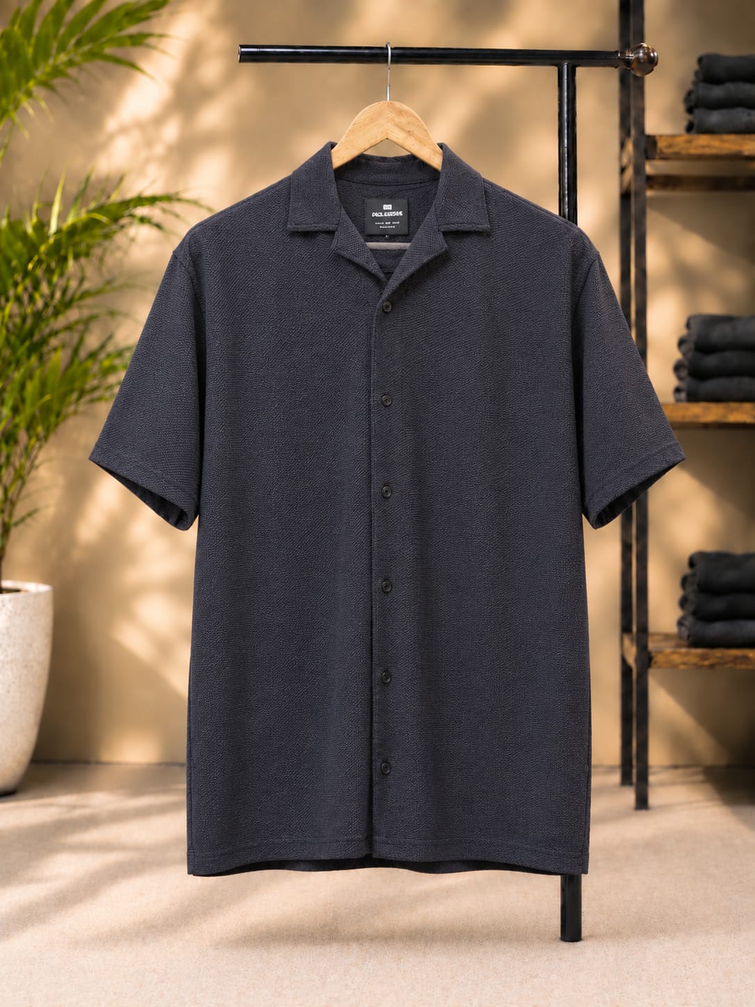 Knitted Cuban Collar Shirt (Navy Blue)