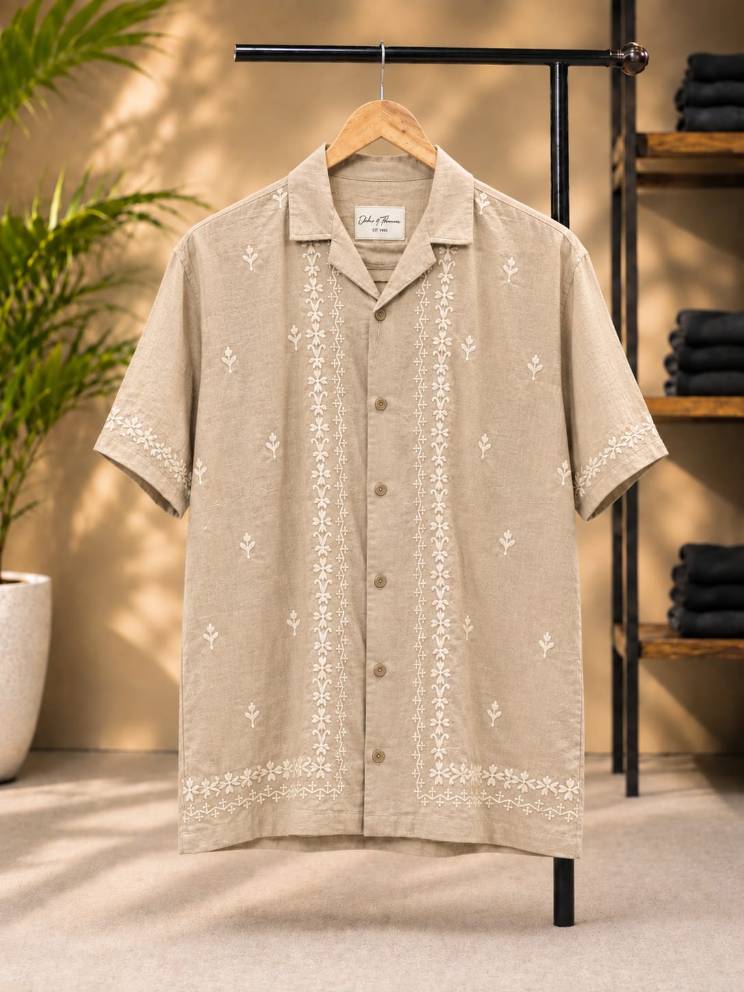 Floral Embroidered Cuban Collar Shirt (Cream)