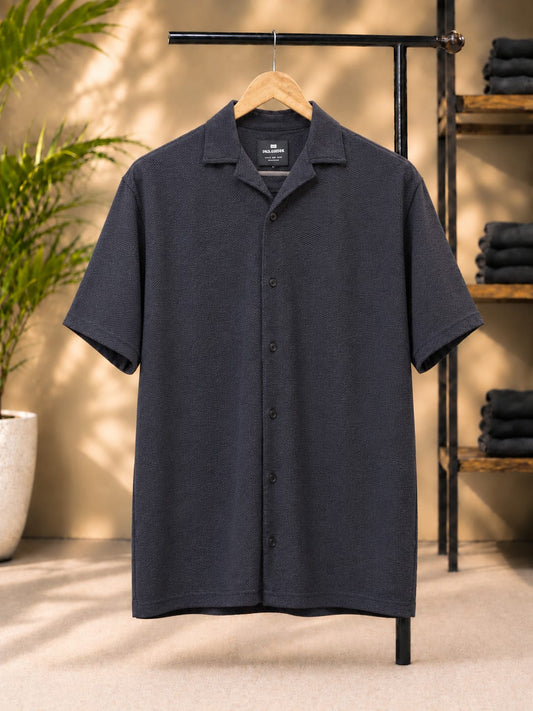 Knitted Cuban Collar Shirt (Navy Blue)