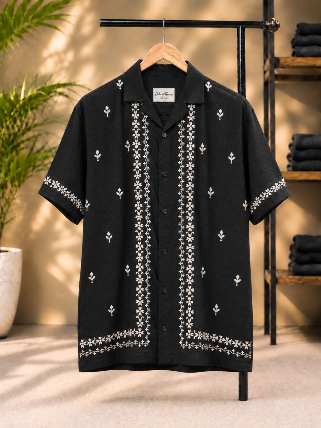 Floral Embroidered Cuban Collar Shirt (Black)