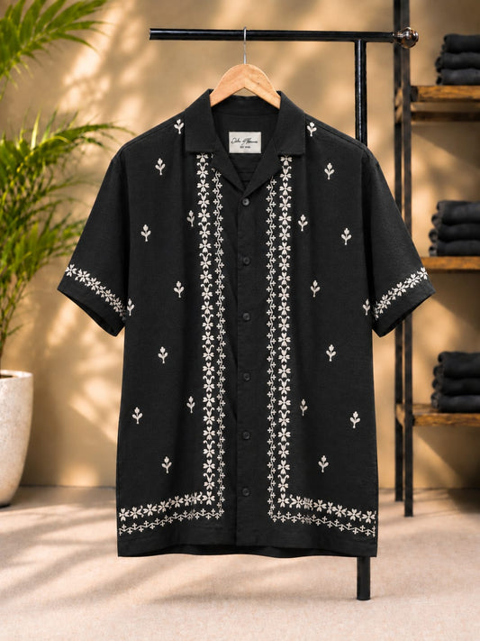 Floral Embroidered Cuban Collar Shirt (Black)