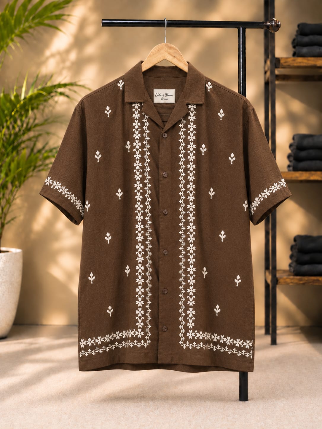Floral Embroidered Cuban Collar Shirt (Brown)