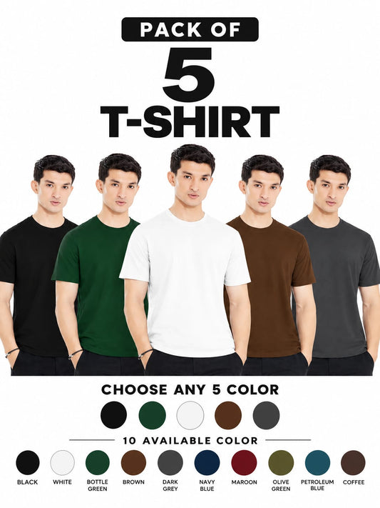 Pack of 5 Round Neck T-Shirts – Choose Any 5 Colors