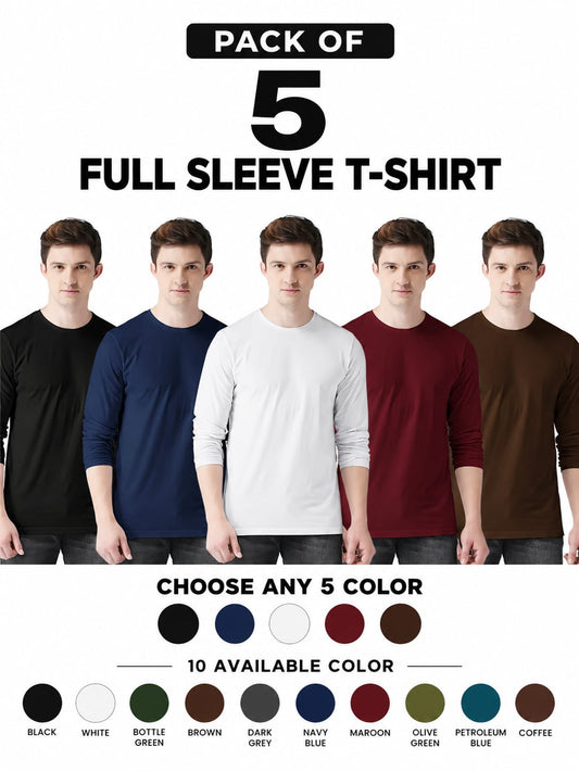 Pack of 5 Round Neck Full Sleeve T-Shirts – Choose Any 5 Colors